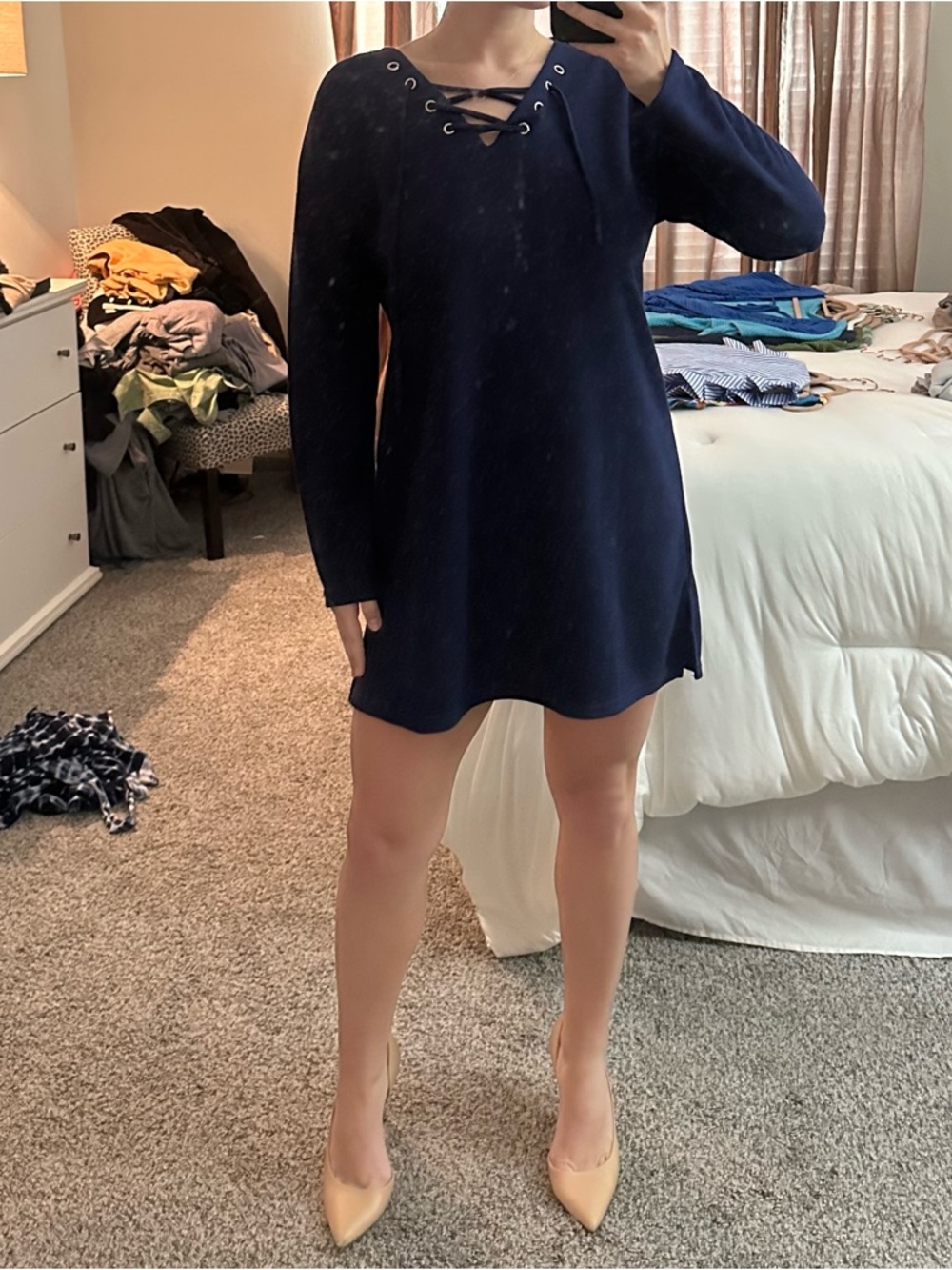 Amazon Navy Lace-Up Long Sleeve Mini Dress
